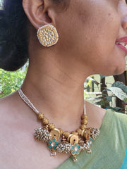 Antique style pearls with turquoise flowers & pearls jhumkas bunch-Silver Neckpiece-PL-House of Taamara