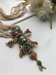 Antique style pearls with turquoise & ruby kundan pendant-Silver Neckpiece-PL-House of Taamara