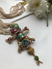 Antique style pearls with turquoise & ruby kundan pendant-Silver Neckpiece-PL-House of Taamara