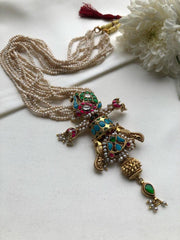 Antique style pearls with turquoise & ruby kundan pendant-Silver Neckpiece-PL-House of Taamara