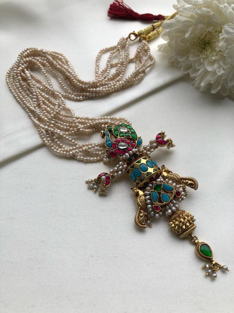 Antique style pearls with turquoise & ruby kundan pendant-Silver Neckpiece-PL-House of Taamara
