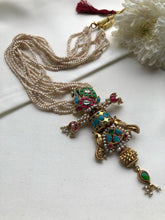 Antique style pearls with turquoise & ruby kundan pendant-Silver Neckpiece-PL-House of Taamara