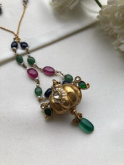 Antique style pendant with Ruby, green, blue & pearls chain-Silver Neckpiece-PL-House of Taamara
