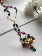 Antique style pendant with Ruby, green, blue & pearls chain-Silver Neckpiece-PL-House of Taamara