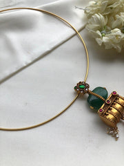 Antique style pendant with green bead and kundan, hasli-Silver Neckpiece-PL-House of Taamara