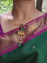 Antique style pendant with green bead and kundan, hasli-Silver Neckpiece-PL-House of Taamara