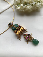 Antique style pendant with green bead and kundan, hasli-Silver Neckpiece-PL-House of Taamara