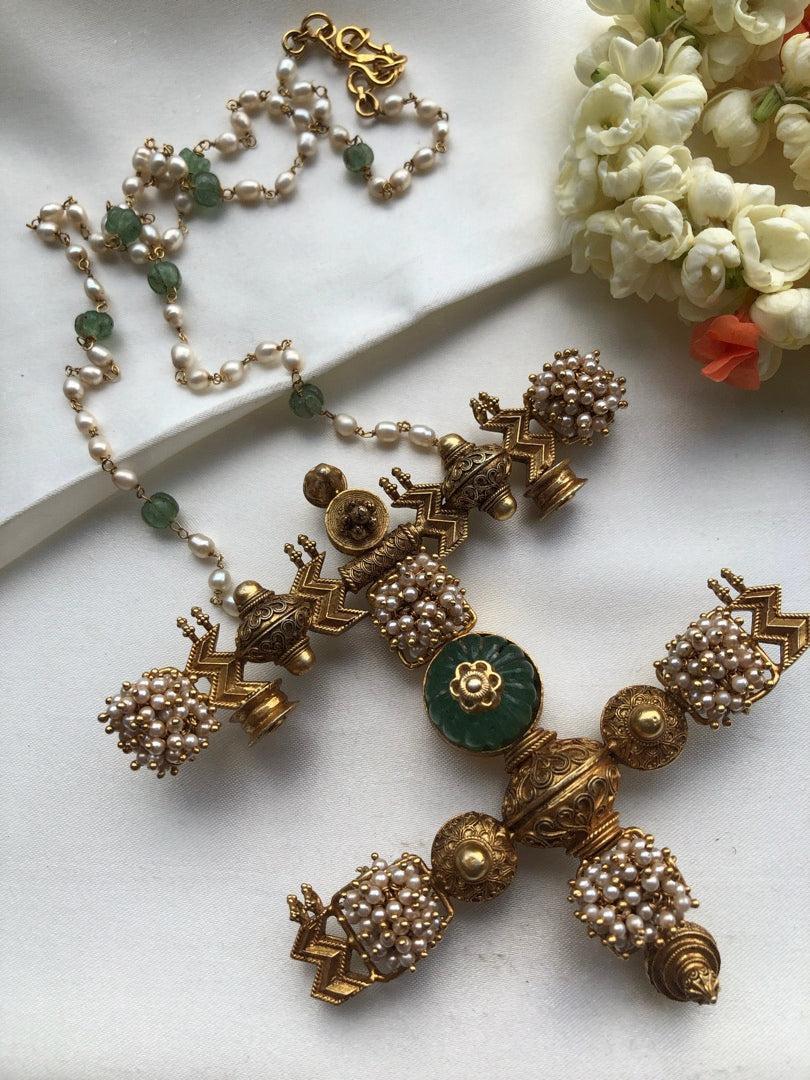 Antique style pendant with green pumpkin bead & pearls bunch-Silver Neckpiece-pl-House of Taamara