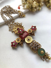 Antique style pendant with kundan ruby flower & rice pearls mala-Silver Neckpiece-PL-House of Taamara