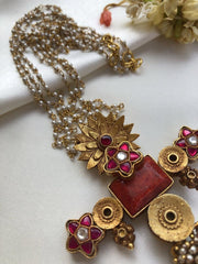 Antique style pendant with kundan ruby flower & rice pearls mala-Silver Neckpiece-PL-House of Taamara