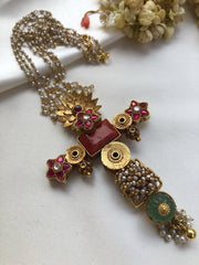 Antique style pendant with kundan ruby flower & rice pearls mala-Silver Neckpiece-PL-House of Taamara