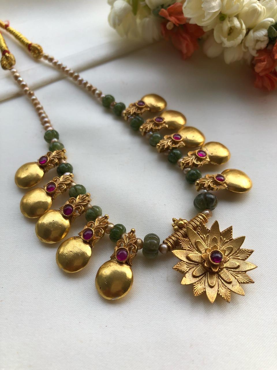 Antique style pieces with green beads & pearls mala-Silver Neckpiece-PL-House of Taamara