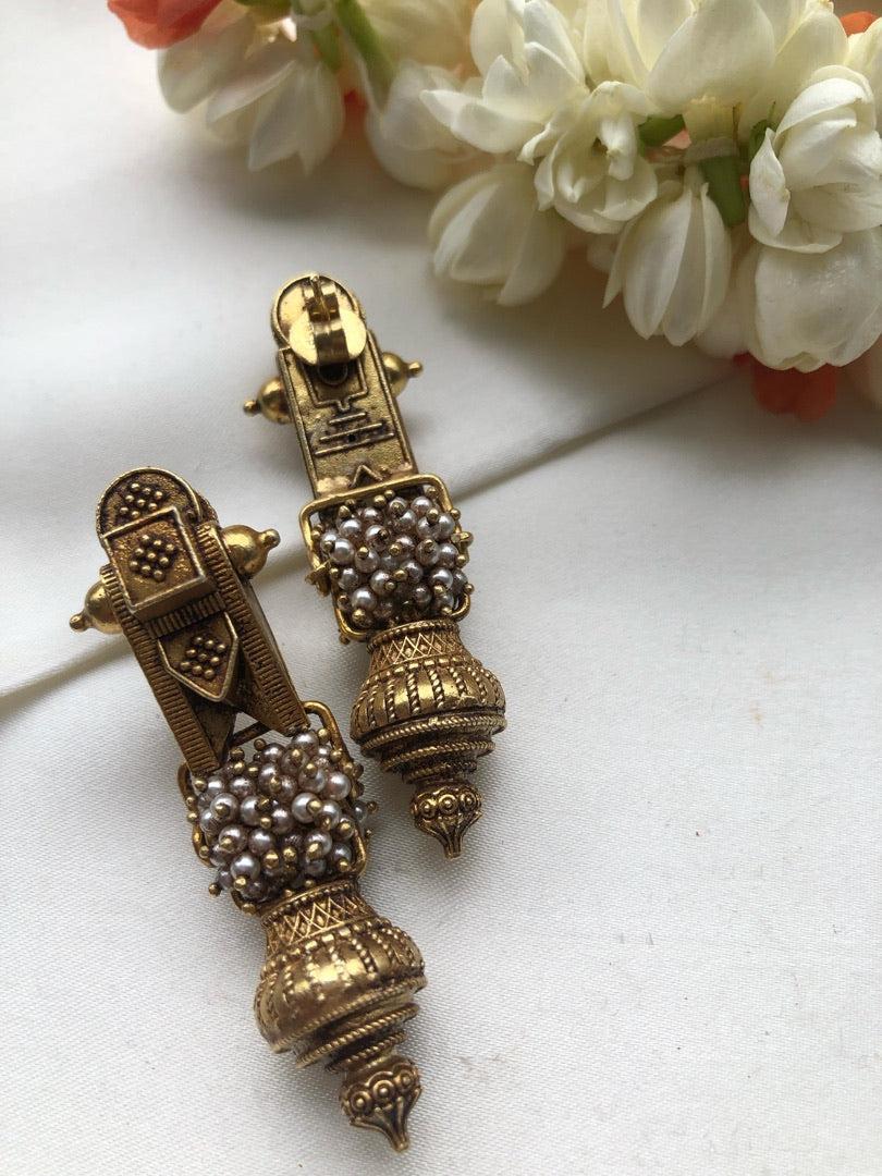Antique style taali earrings with pearls bunch-Earrings-PL-House of Taamara