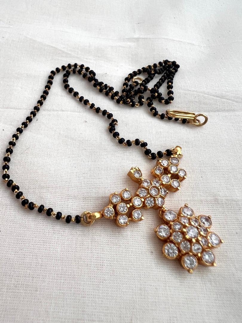 Black bead/mangalsutra style beads chain with zircon pendant-Silver Neckpiece-CI-House of Taamara