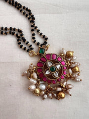 Black bead/mangalsutra style chain with kundan pendant-Silver Neckpiece-CI-House of Taamara