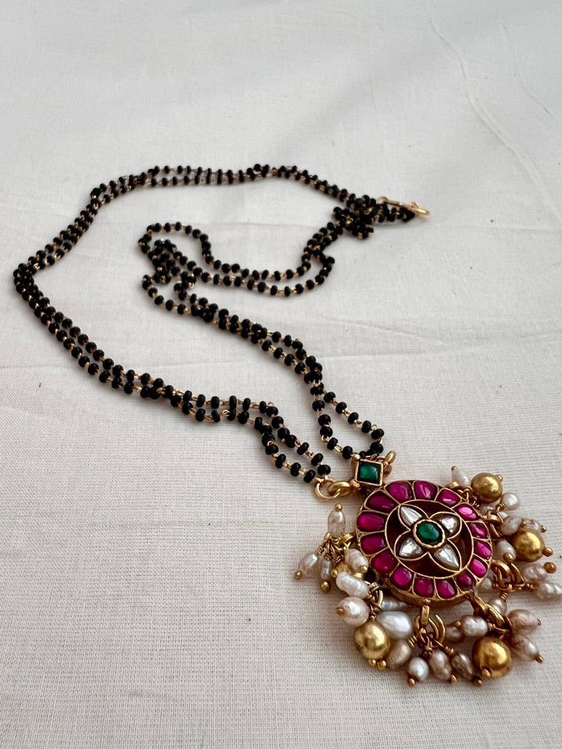 Black bead/mangalsutra style chain with kundan pendant-Silver Neckpiece-CI-House of Taamara