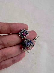 Blue and pink kemp jhumkas with pearls-Earrings-CI-House of Taamara