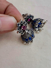 Blue and pink kemp jhumkas with pearls-Earrings-CI-House of Taamara