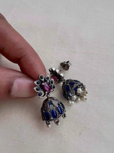 Blue and pink kemp jhumkas with pearls-Earrings-CI-House of Taamara
