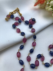 Blue and ruby glass filling beads mala long single line 25"-Silver Neckpiece-PL-House of Taamara