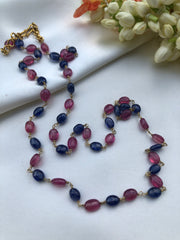 Blue and ruby glass filling beads mala long single line 25"-Silver Neckpiece-PL-House of Taamara