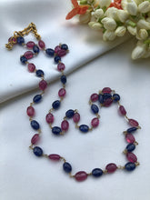 Blue and ruby glass filling beads mala long single line 25"-Silver Neckpiece-PL-House of Taamara