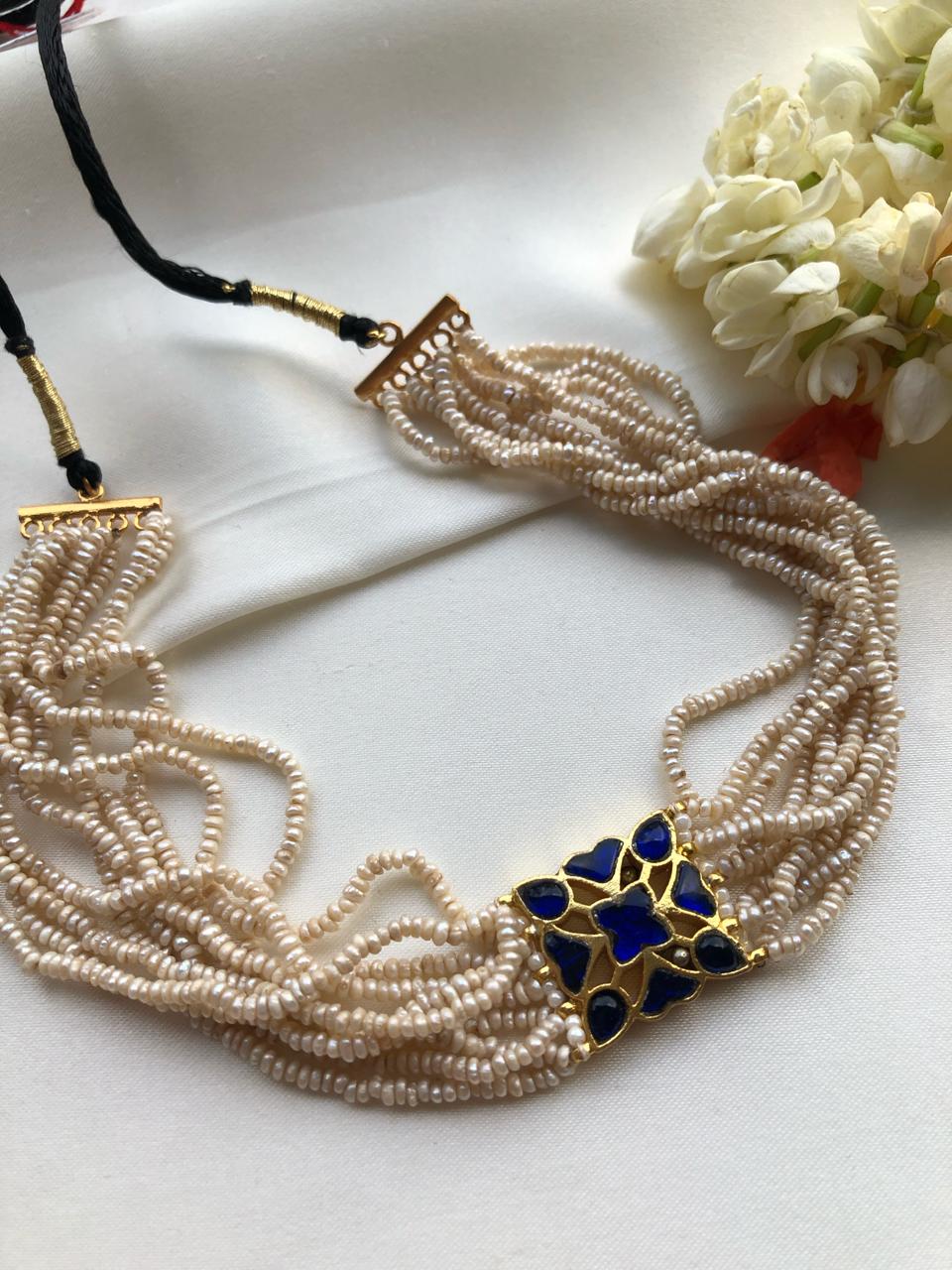 Blue kundan with antique pearls choker-Silver Neckpiece-PL-House of Taamara