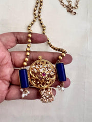 Blue lapis and floral pendant with gold beads chain-Silver Neckpiece-CI-House of Taamara