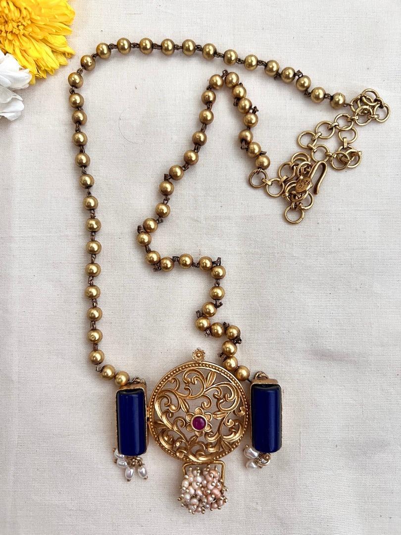 Blue lapis and floral pendant with gold beads chain-Silver Neckpiece-CI-House of Taamara