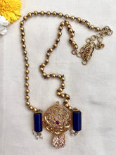 Blue lapis and floral pendant with gold beads chain-Silver Neckpiece-CI-House of Taamara