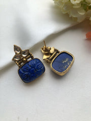 Blue lapis carved earrings with kundan-Earrings-PL-House of Taamara