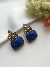 Blue lapis carved earrings with kundan-Earrings-PL-House of Taamara