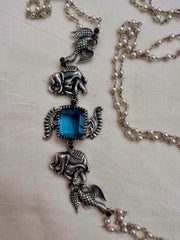 Blue stone with nakash & pearl side mope long chain-Silver Neckpiece-CI-House of Taamara