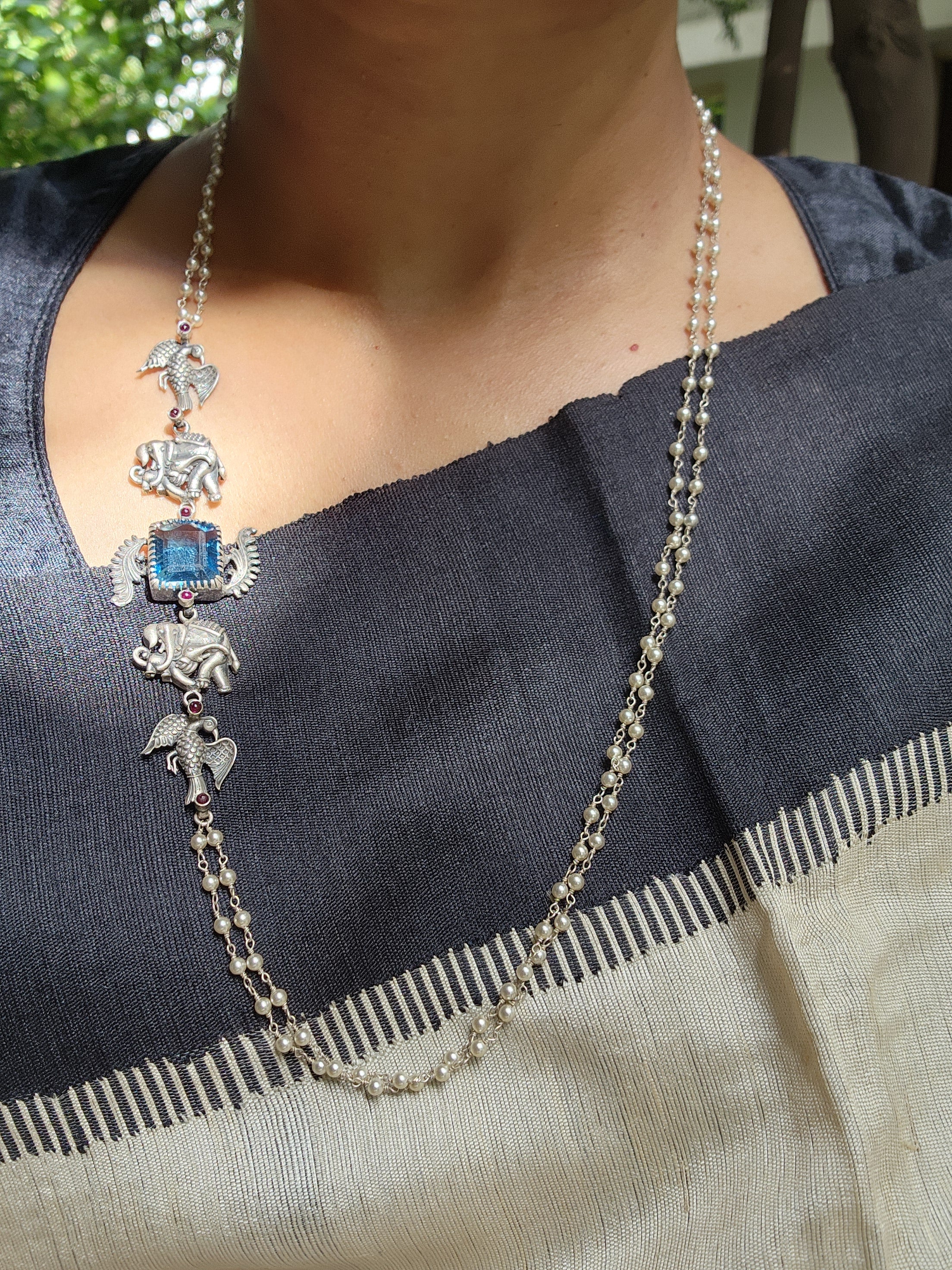 Blue stone with nakash & pearl side mope long chain-Silver Neckpiece-CI-House of Taamara