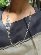 Blue stone with nakash & pearl side mope long chain-Silver Neckpiece-CI-House of Taamara