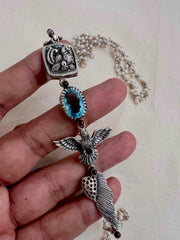 Blue stone with nakash & pearls side mope long chain-Silver Neckpiece-CI-House of Taamara