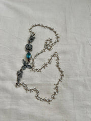 Blue stone with nakash & pearls side mope long chain-Silver Neckpiece-CI-House of Taamara