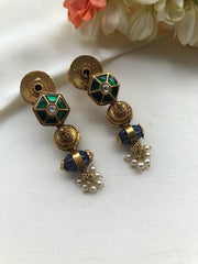 Bobin earrings with green kundan & blue bead-Earrings-PL-House of Taamara