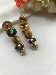 Bobin earrings with green kundan & blue bead-Earrings-PL-House of Taamara