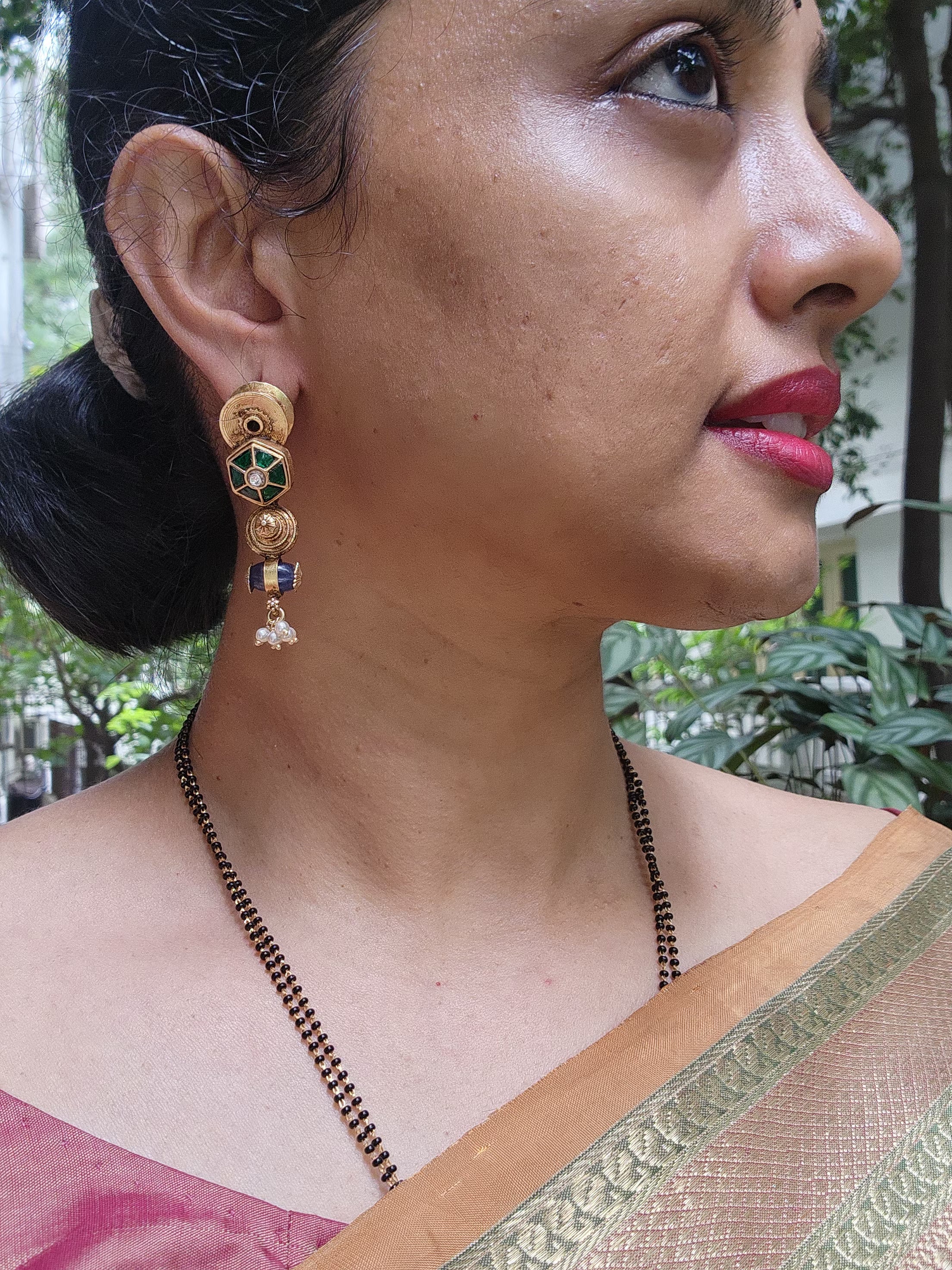Bobin earrings with green kundan & blue bead-Earrings-PL-House of Taamara