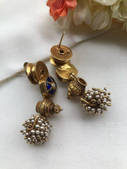 Bobin with blue kundan and pearls bunch-Earrings-PL-House of Taamara