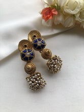 Bobin with blue kundan and pearls bunch-Earrings-PL-House of Taamara