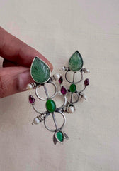 Carved green jade earrings with kemp pink & green stone-Earrings-CI-House of Taamara