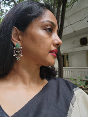 Carved green jade earrings with kemp pink & green stone-Earrings-CI-House of Taamara