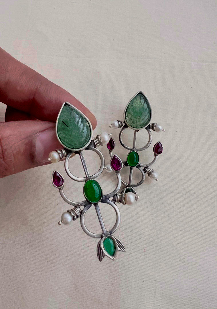 Carved green jade earrings with kemp pink & green stone-Earrings-CI-House of Taamara