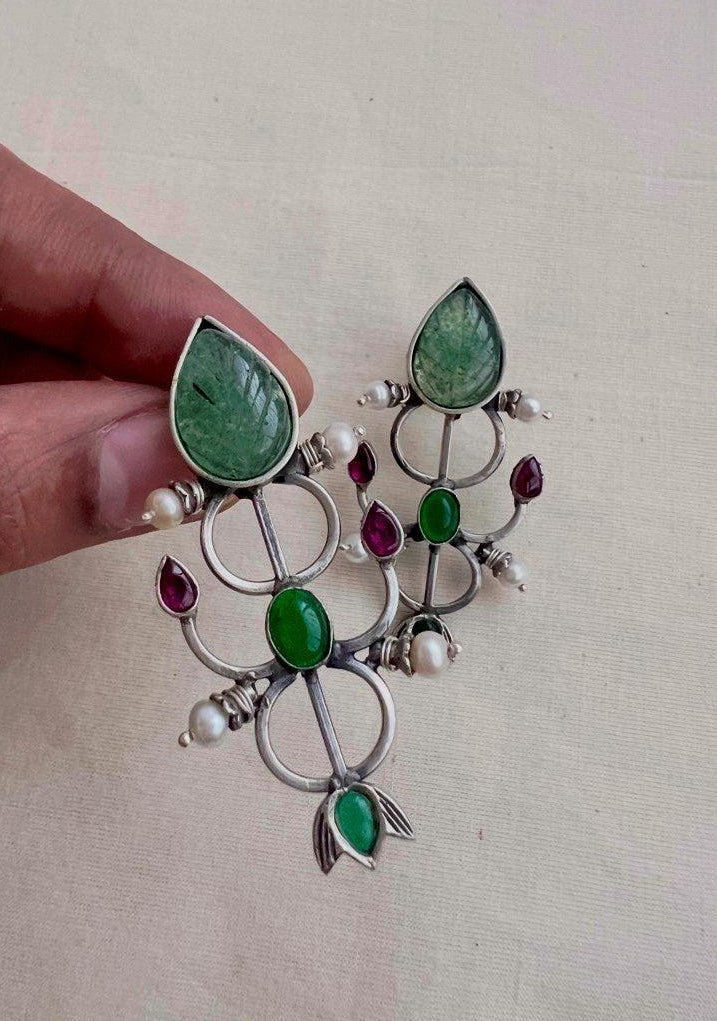 Carved green jade earrings with kemp pink & green stone-Earrings-CI-House of Taamara