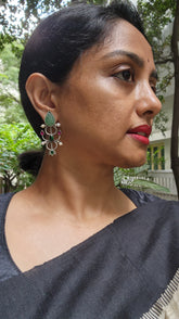 Carved green jade earrings with kemp pink & green stone-Earrings-CI-House of Taamara