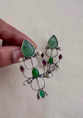 Carved green jade earrings with kemp pink & green stone-Earrings-CI-House of Taamara