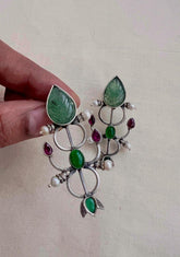 Carved green jade earrings with kemp pink & green stone-Earrings-CI-House of Taamara