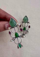 Carved green jade earrings with kemp pink & green stone-Earrings-CI-House of Taamara